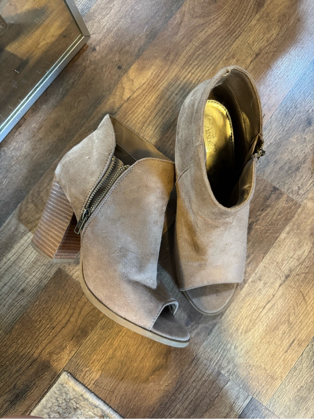 Women’s Suede Peep-Toe Block Heel Booties — Taupe